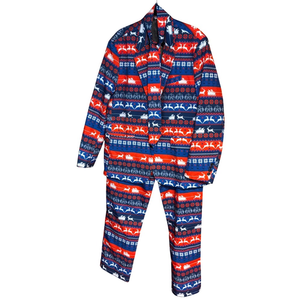 You Look Ugly Today Christmas Suit Sz L Blue Red Reindeer Fair Isle 3pc Set